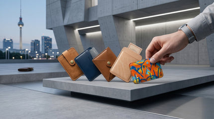 markore minimalist card sleeves stacked on concrete with Berlin sykline in the background