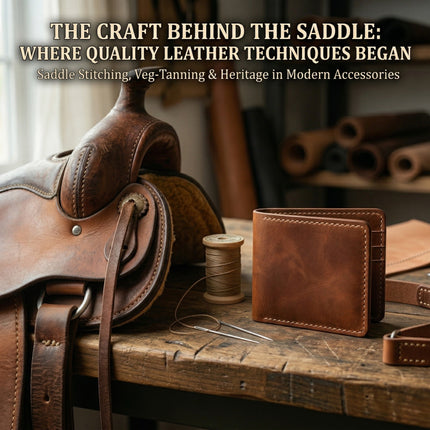 Makore bifold wallet on a rustic table with thread and a horse saddle
