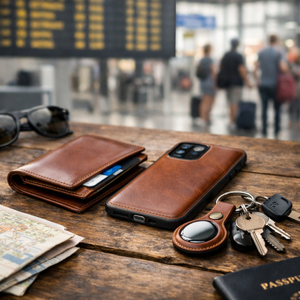 markore bifold wallet, phone case and tagmate airtag keychain on a wooden table in an airport