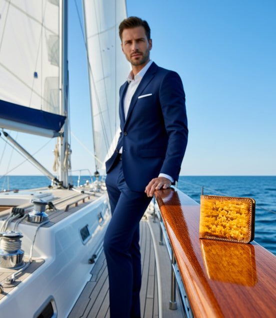 Full-body view of a man in a navy suit standing on the deck of a modern sailing yacht, with Markore Canvas Flame in Solar Flare placed prominently on the polished wooden railing in the foreground. White sails and the open sea form the background, giving a premium maritime lifestyle feel.