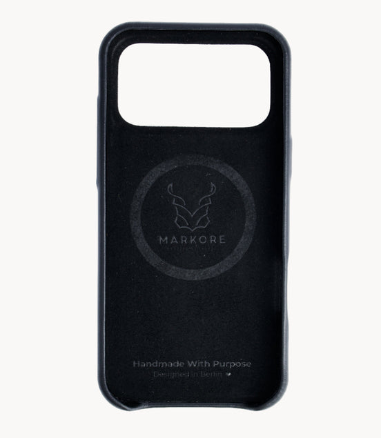 Markore Himalayan Midnight iPhone case with branding on a white background