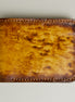 Front view of hand-painted full-grain leather bifold wallet in amber and brown, featuring handmade stitching. Markore Canvas Flame.