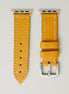 Amber full-grain leather watch strap with rose gold stainless steel adapters and silver buckle, featuring handmade stitching and matching loops. Markore Hour Line.