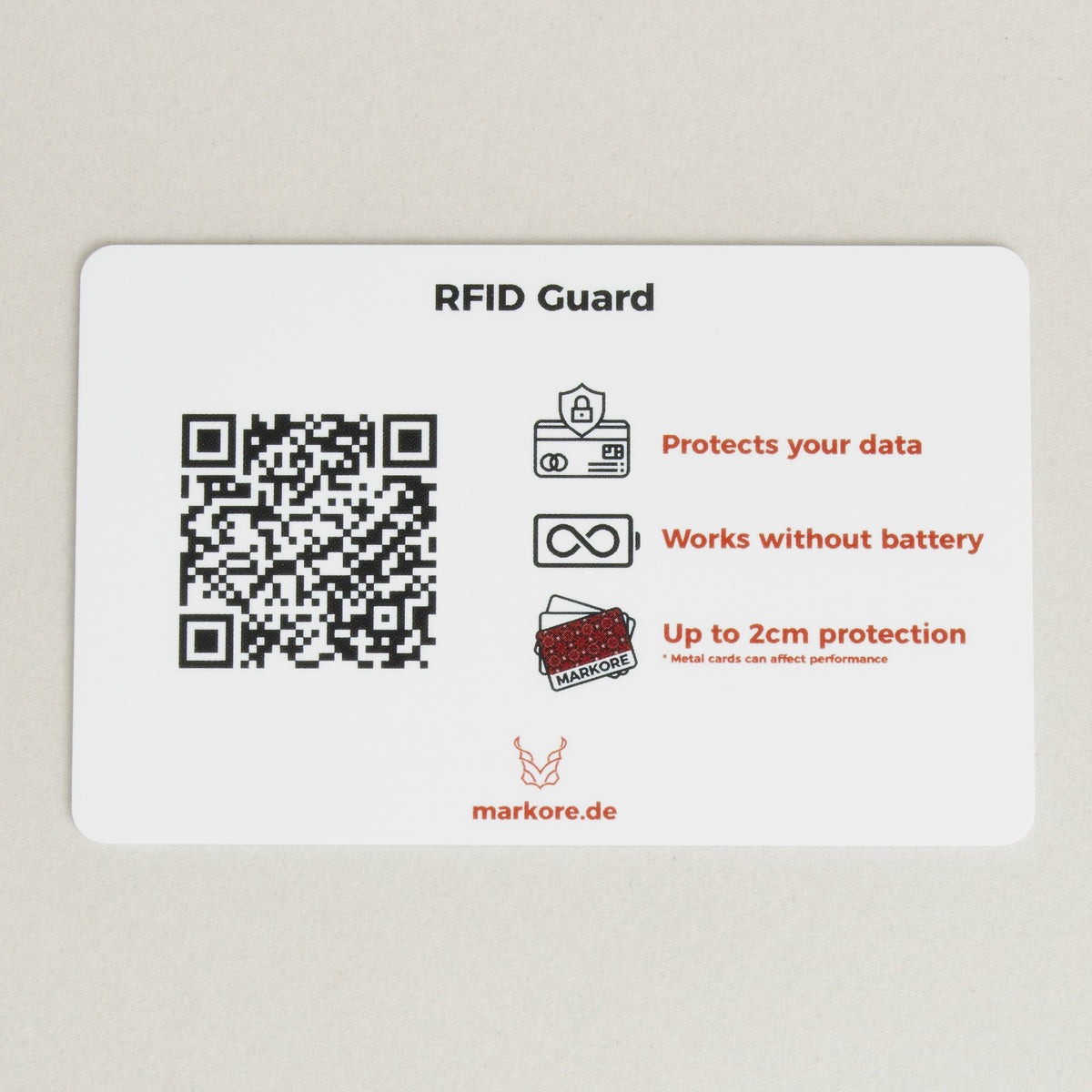 RFID Guard card with QR code, feature descriptions and Markore logo.