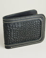 Side view of obsidian black croc-embossed full-grain leather bifold wallet featuring ivory handmade stitching. Markore Indus Sultan