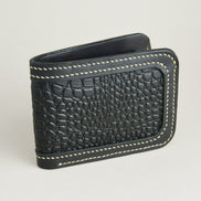 Side view of obsidian black croc-embossed full-grain leather bifold wallet featuring ivory handmade stitching. Markore Indus Sultan