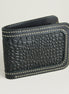 Side view of obsidian black croc-embossed full-grain leather bifold wallet featuring ivory handmade stitching. Markore Indus Sultan