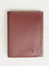 Front view of espresso brown full-grain leather flap fold wallet featuring a flap closure, handmade stitching and embossed logo. Markore Khaas Andaz.