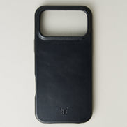 Back view of midnight black leather iphone 17 pro case with full cutout featuring embossed logo. Markore Shell Frame.