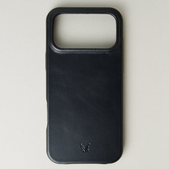 Back view of midnight black leather iphone 17 pro case with full cutout featuring embossed logo. Markore Shell Frame.