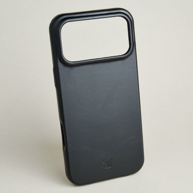 Outside side view of midnight black leather iPhone 17 pro cover with full cutout featuring embossed brand logo. Markore Shell Frame.