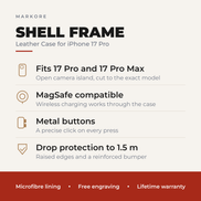 An infographic for a Markore leather case for iPhone 17 Pro, detailing features such as fit, MagSafe compatibility, metal buttons, and drop protection on a light beige background with a dark red footer.