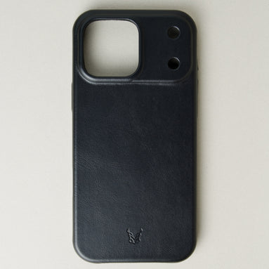 Outside view of midnight black leather iPhone 17 pro cover with full cutout featuring embossed brand logo. Markore Shell Guard.