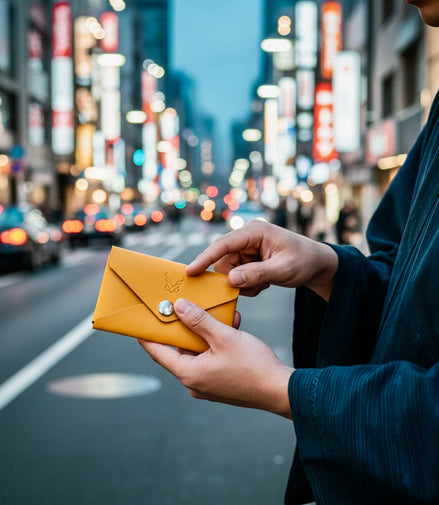 Person holding a a markore niva seal card ultracompact sleeve on in tokyo city street at night.