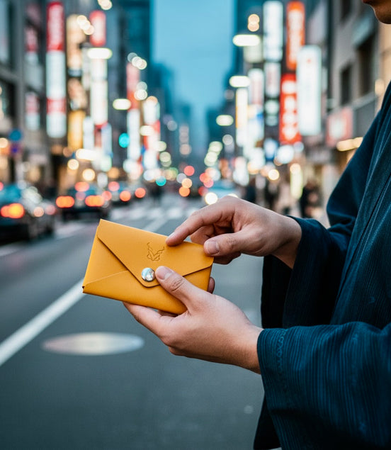 Person holding a a markore niva seal card ultracompact sleeve on in tokyo city street at night.